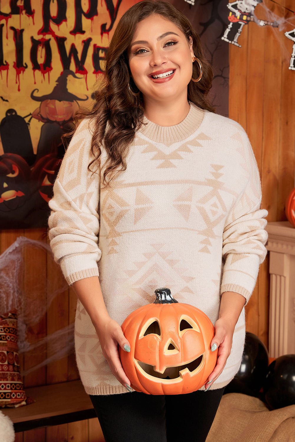 Apricot Plus Size Western Aztec Print Loose Sweater - Goddess Vibes