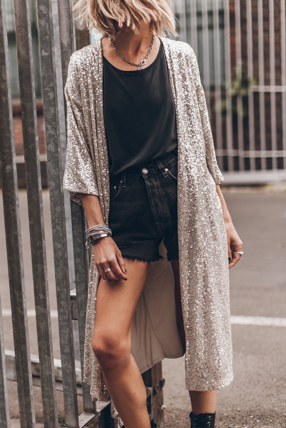Apricot Sequin 3/4 Sleeve Open Front Duster Kimono - Goddess Vibes