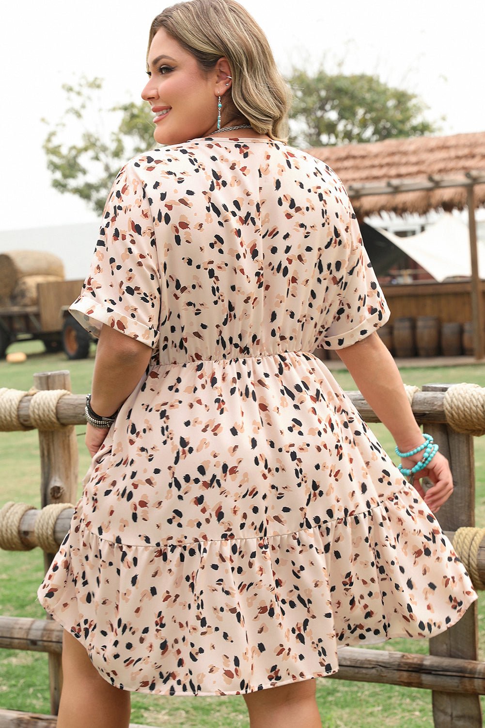 Beige Printed Surplice V Neck Cuffed Sleeve Empire Waist Plus Size Dress - Goddess Vibes