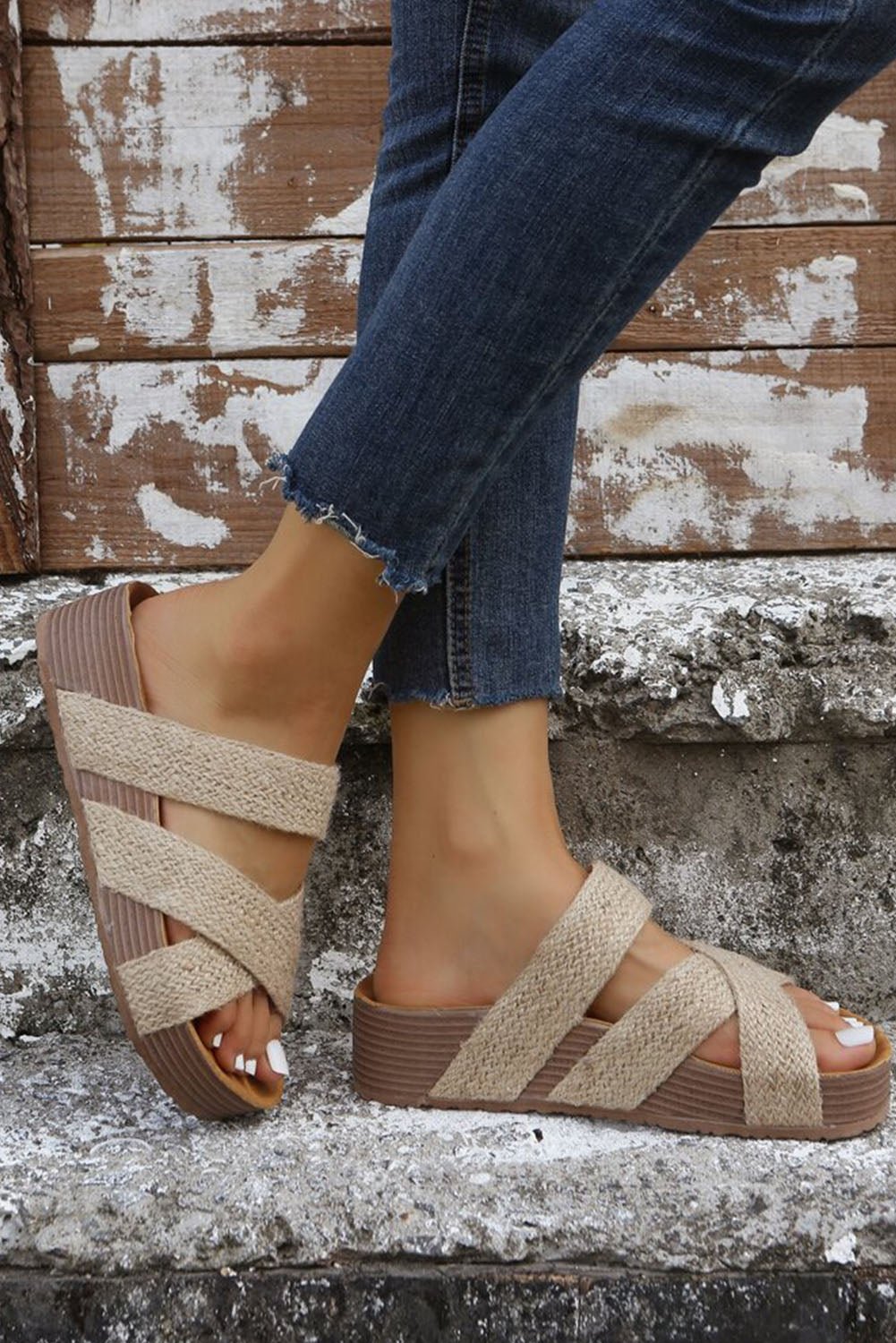 Beige Woven Cross Criss Hollowed Slip - On Slippers - Goddess Vibes