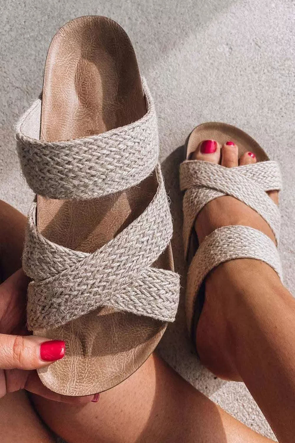 Beige Woven Cross Criss Hollowed Slip - On Slippers - Goddess Vibes