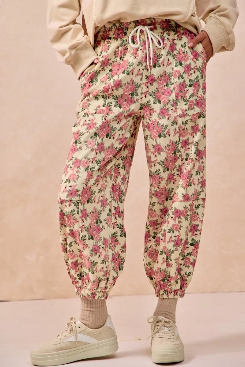 BiBi Floral Printed Twill Drawstring Pants With Elastic Band - Goddess Vibes