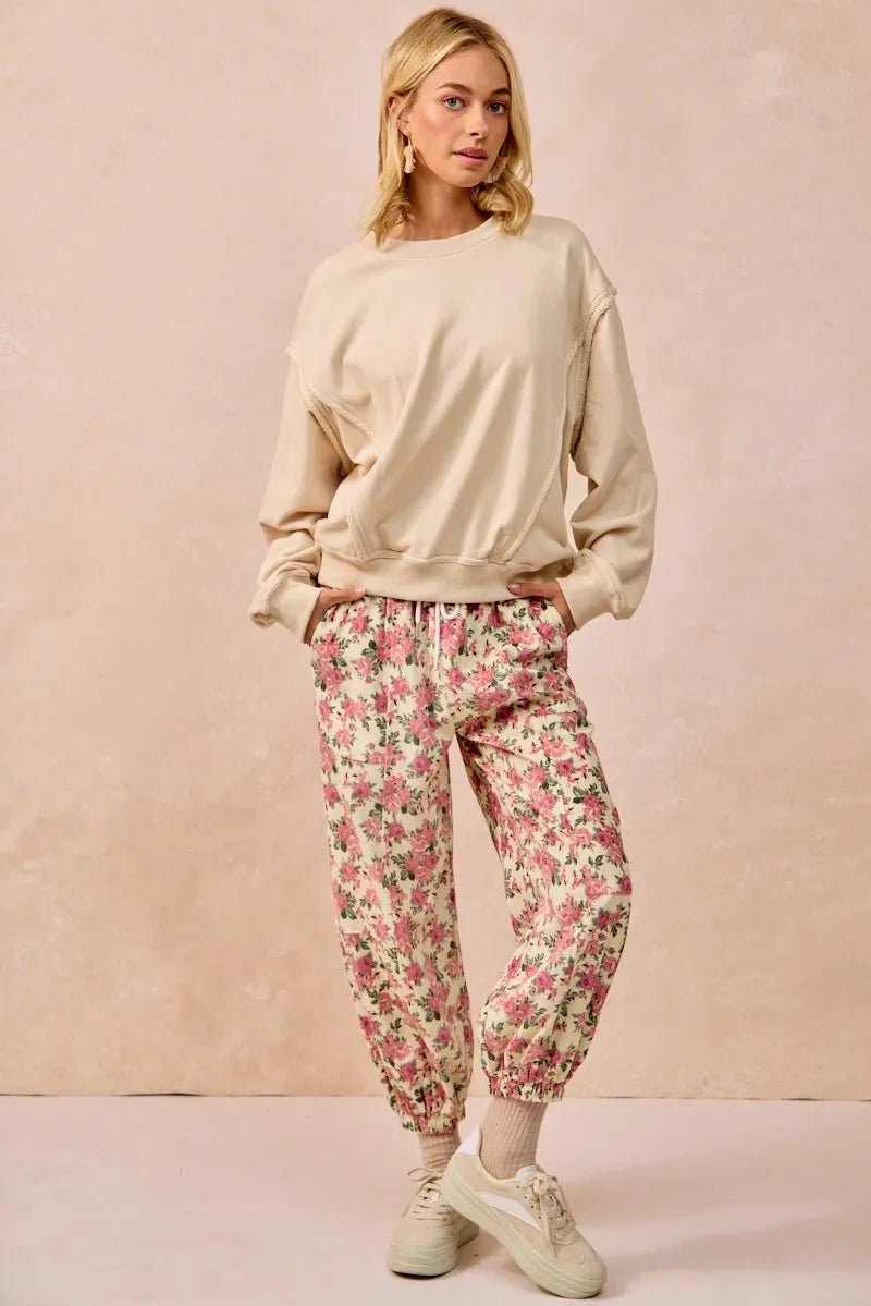 BiBi Floral Printed Twill Drawstring Pants With Elastic Band - Goddess Vibes