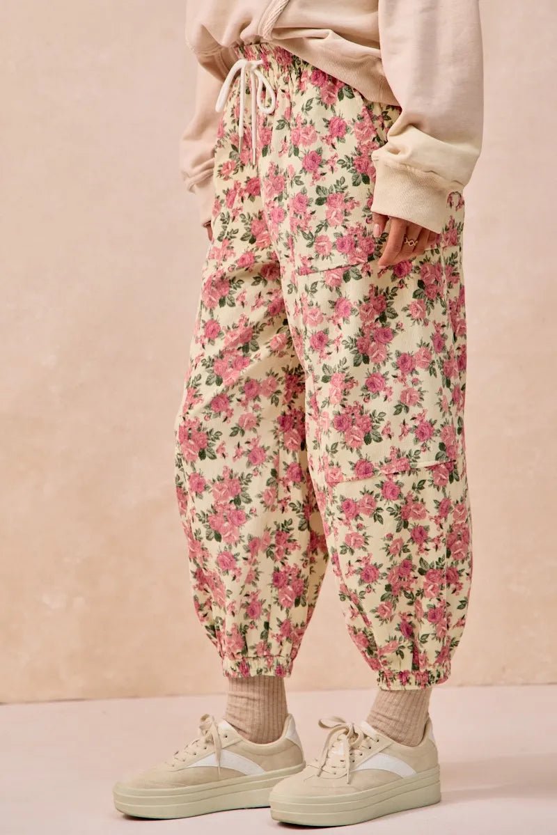 BiBi Floral Printed Twill Drawstring Pants With Elastic Band - Goddess Vibes