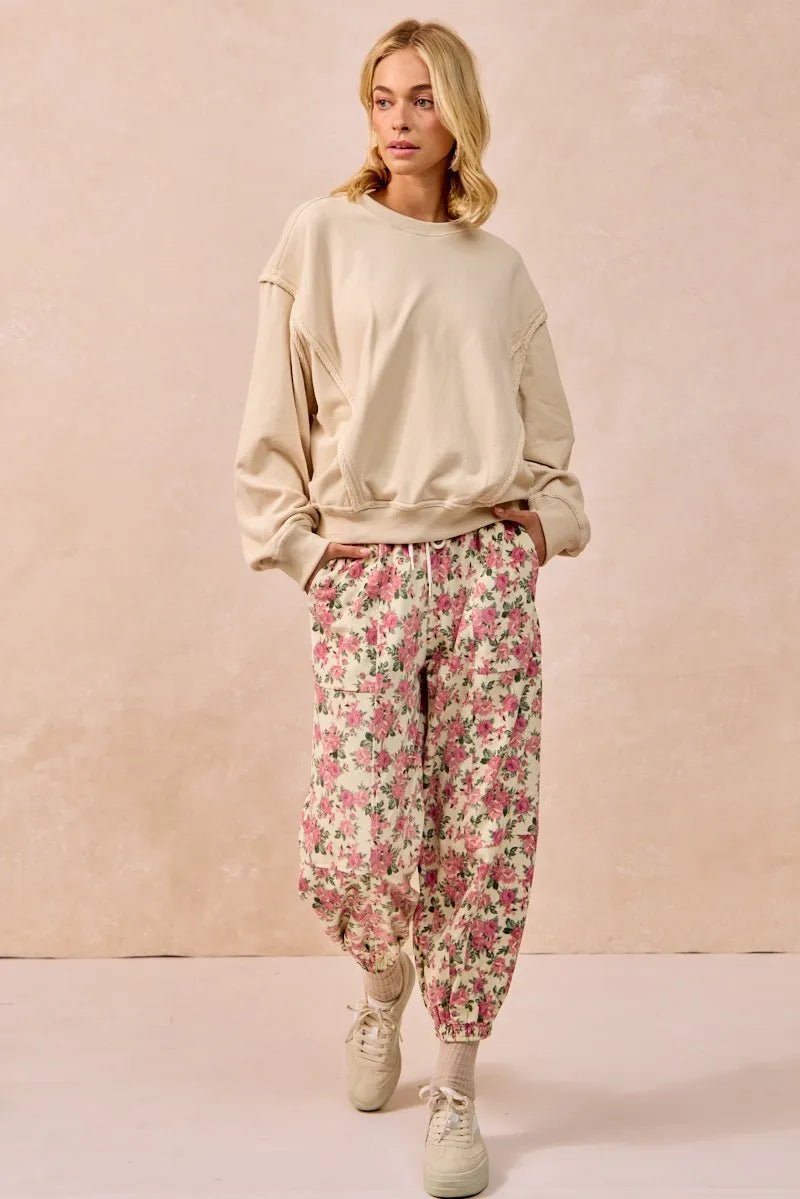 BiBi Floral Printed Twill Drawstring Pants With Elastic Band - Goddess Vibes