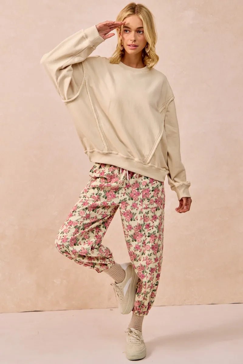 BiBi Floral Printed Twill Drawstring Pants With Elastic Band - Goddess Vibes