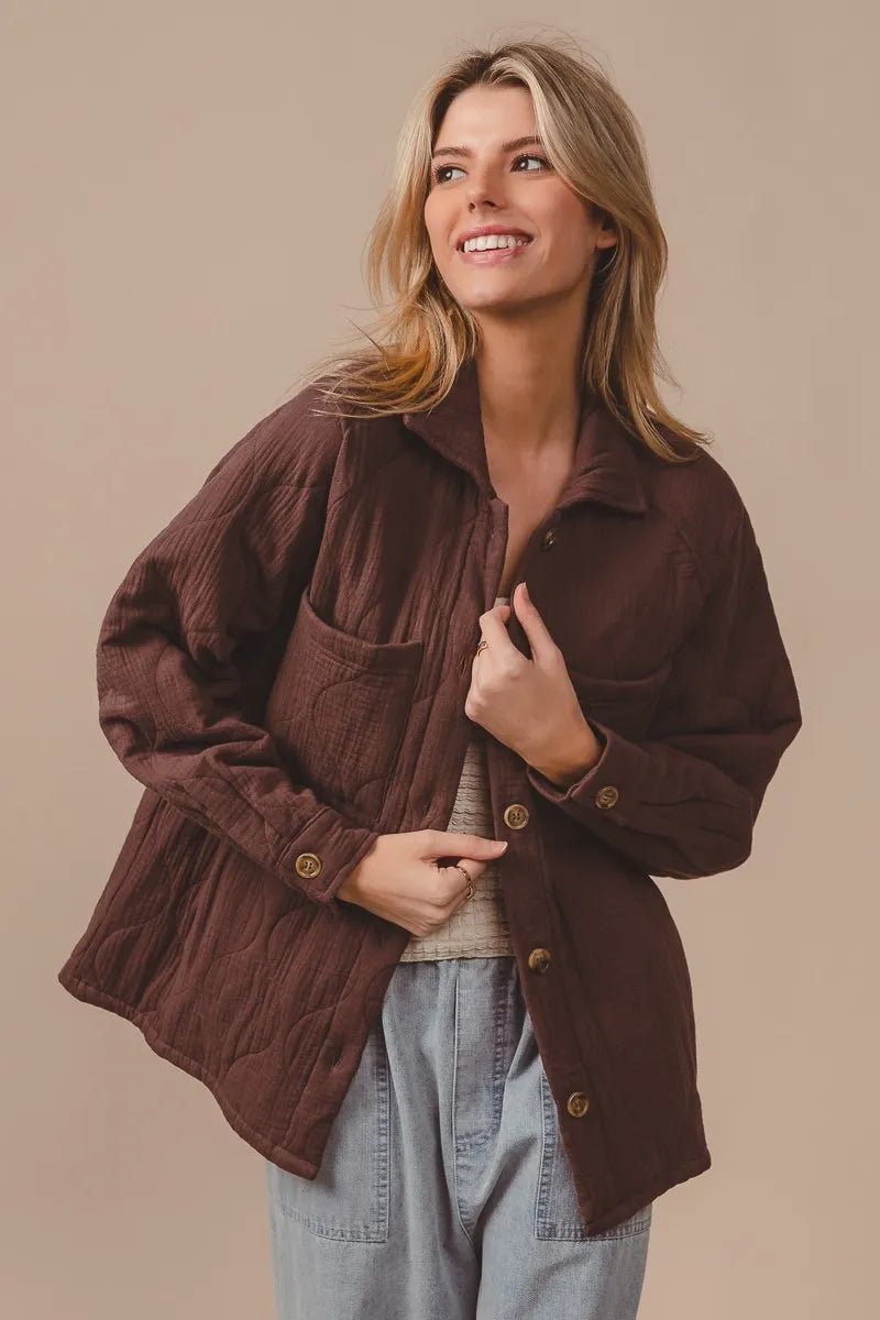 BiBi Quilted Wrinkle Gauze Long Sleeve Shacket - Goddess Vibes