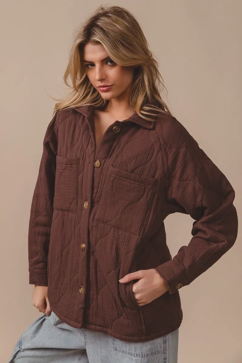 BiBi Quilted Wrinkle Gauze Long Sleeve Shacket - Goddess Vibes