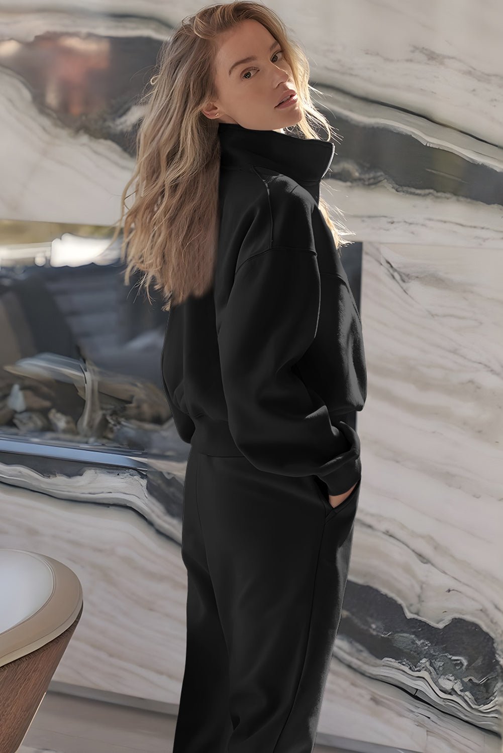 Black Half Zip up Pullover Active Top and Joggers Set - Goddess Vibes