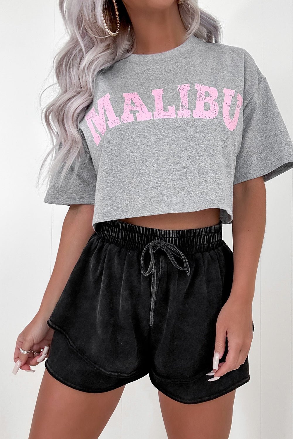 Black Mineral Wash French Terry Drawstring Elastic Waistband Casual Shorts - Goddess Vibes