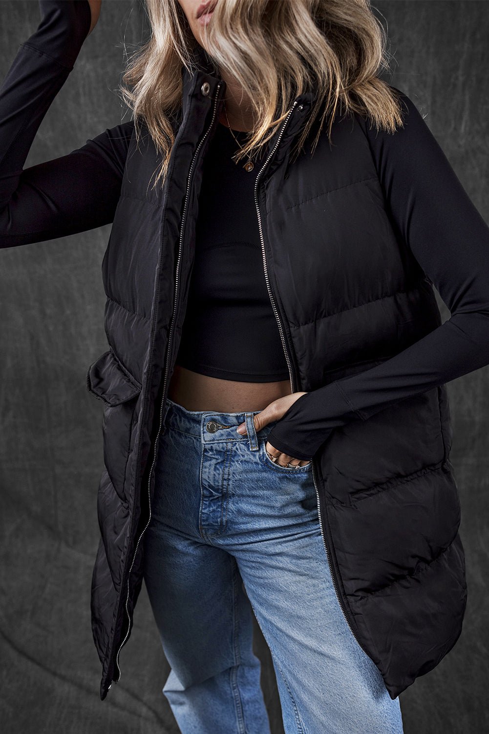 Black Windproof Longline Full Zipper Puffer Vest with Pockets - Goddess Vibes