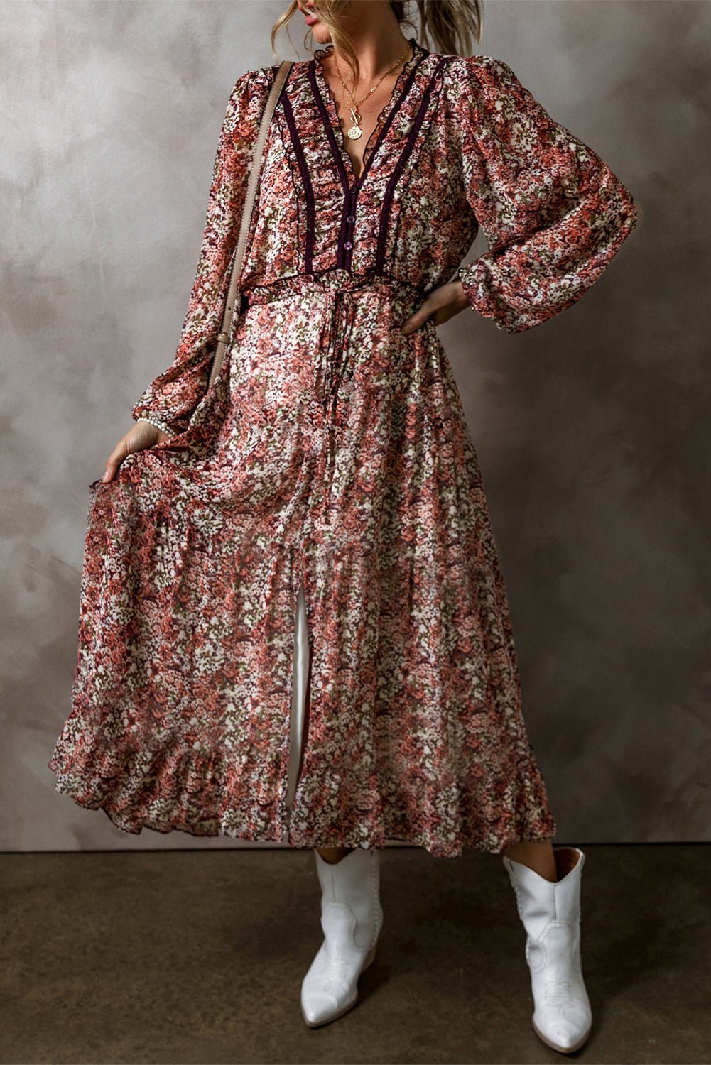 Brown Floral Print Split Front Tiered Frilled V Neck Midi Dress - Goddess Vibes