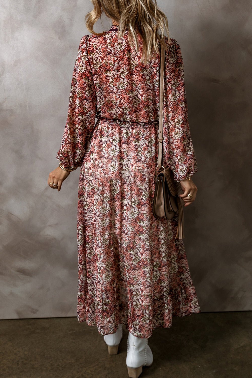 Brown Floral Print Split Front Tiered Frilled V Neck Midi Dress - Goddess Vibes