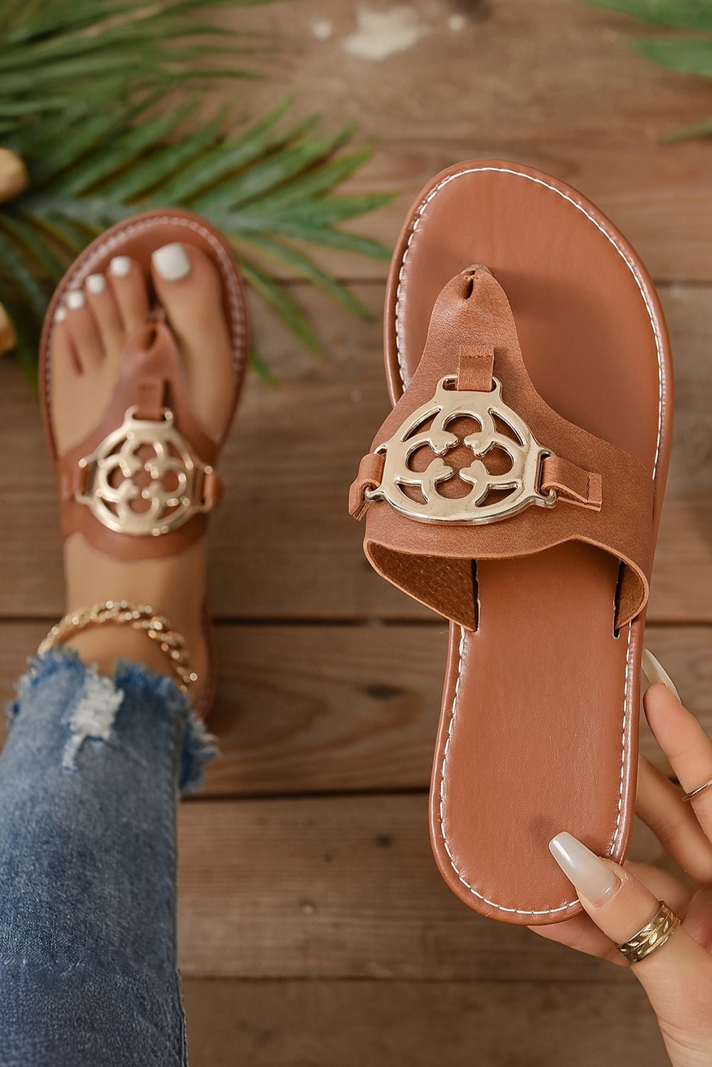 Chestnut Metal Decor Leather Thong Slippers - Goddess Vibes