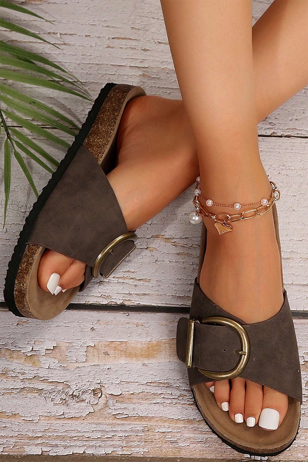 Coffee Buckle Decor Faux Suede Thick Sole Slippers - Goddess Vibes