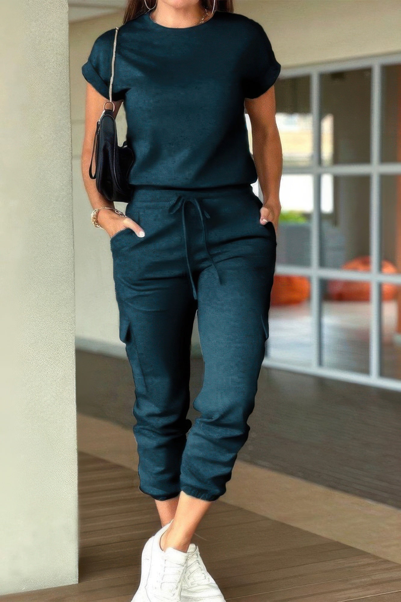 Crew Neck Short Sleeve Drawstring Waist Jumpsuit - Goddess Vibes