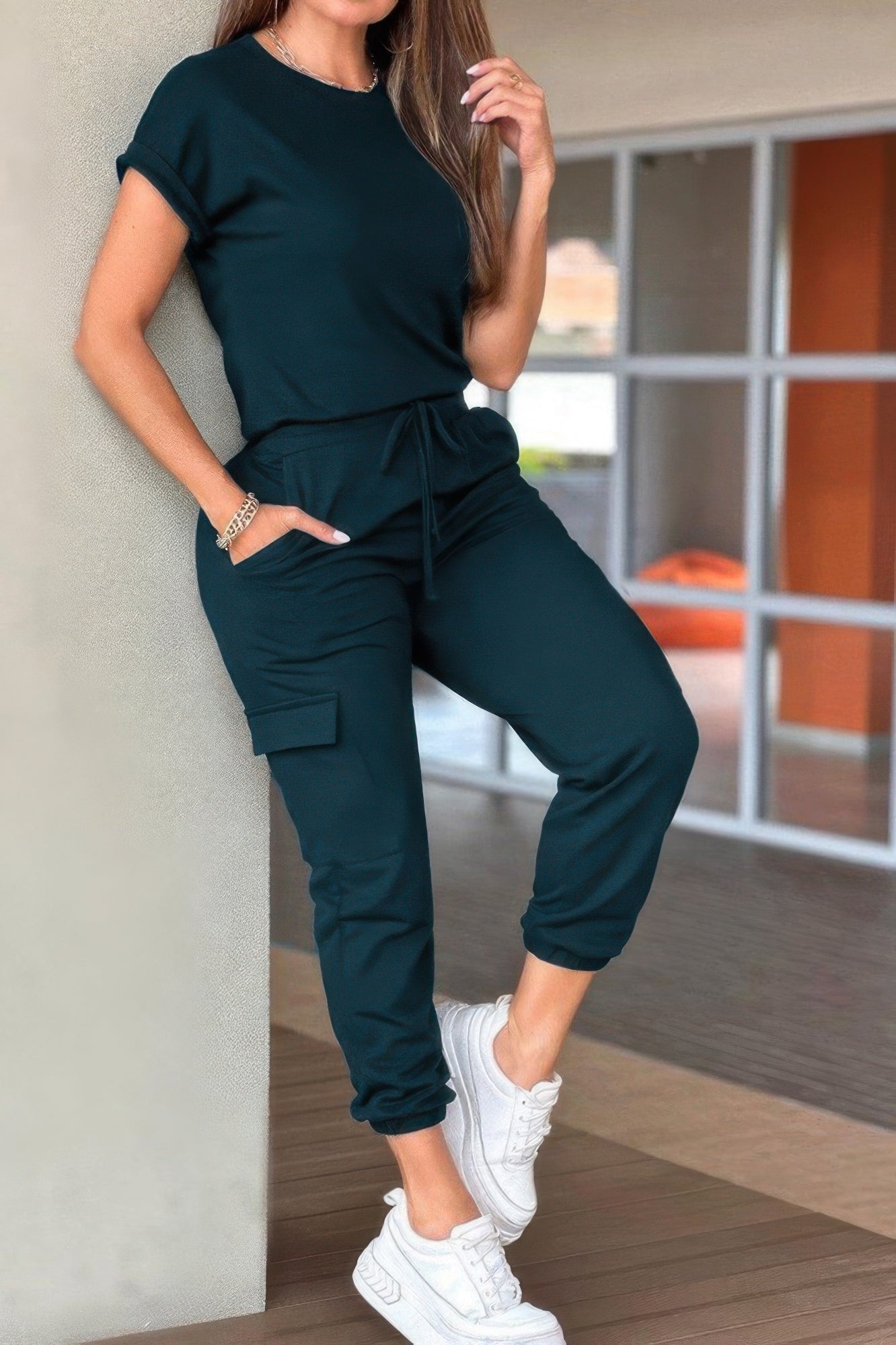 Crew Neck Short Sleeve Drawstring Waist Jumpsuit - Goddess Vibes