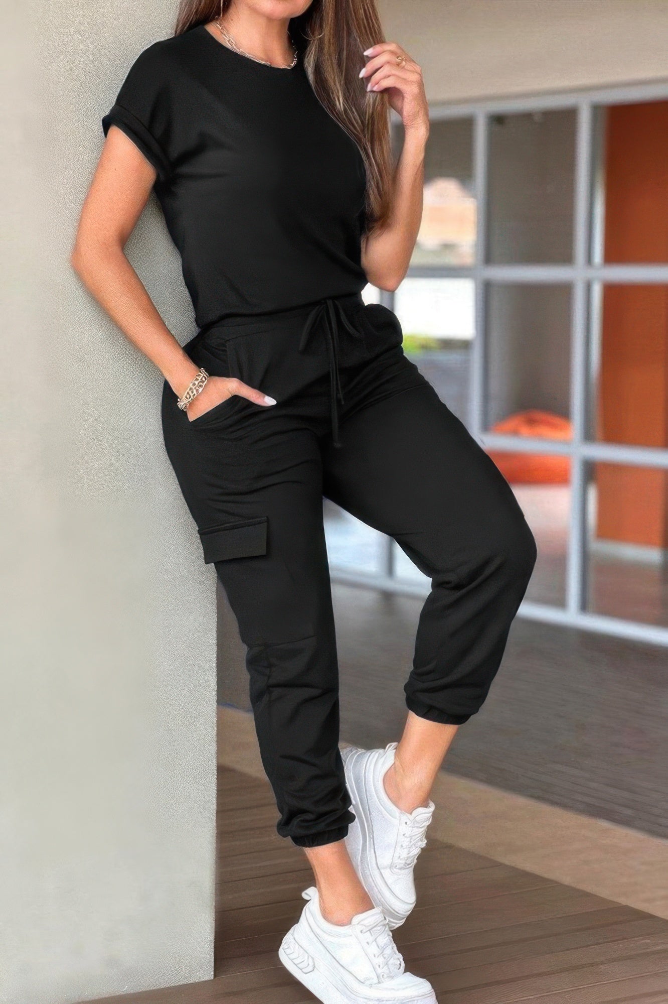 Crew Neck Short Sleeve Drawstring Waist Jumpsuit - Goddess Vibes
