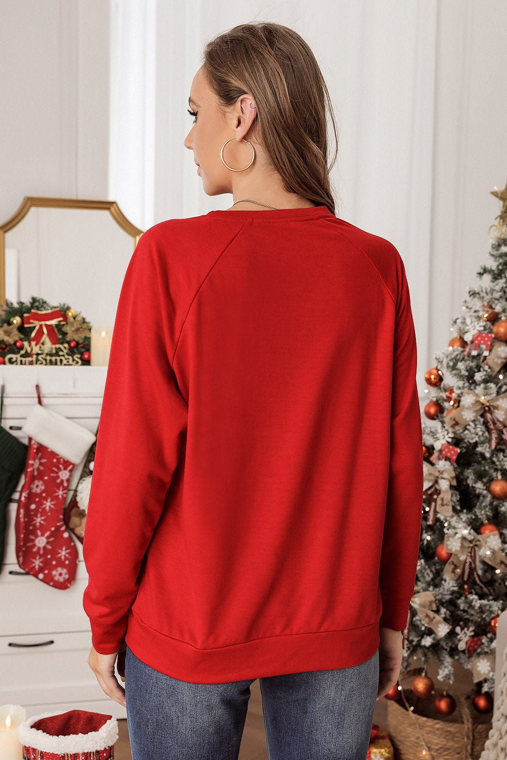 Fiery Red Solid Round Neck Raglan Sleeve Sweatshirt - Goddess Vibes