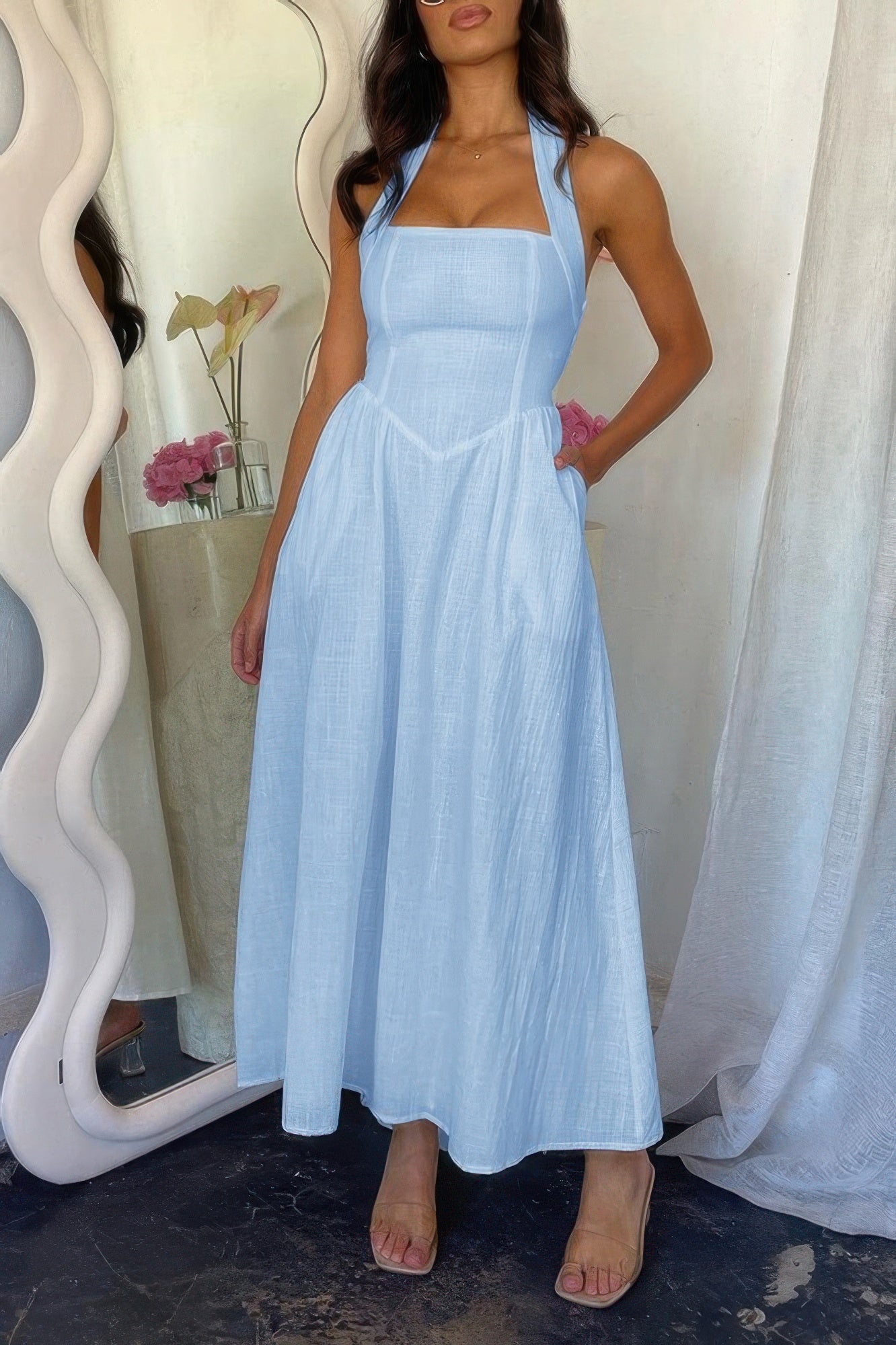 Halter Solid Pockets Sleeveless A Line Long Dress - Goddess Vibes