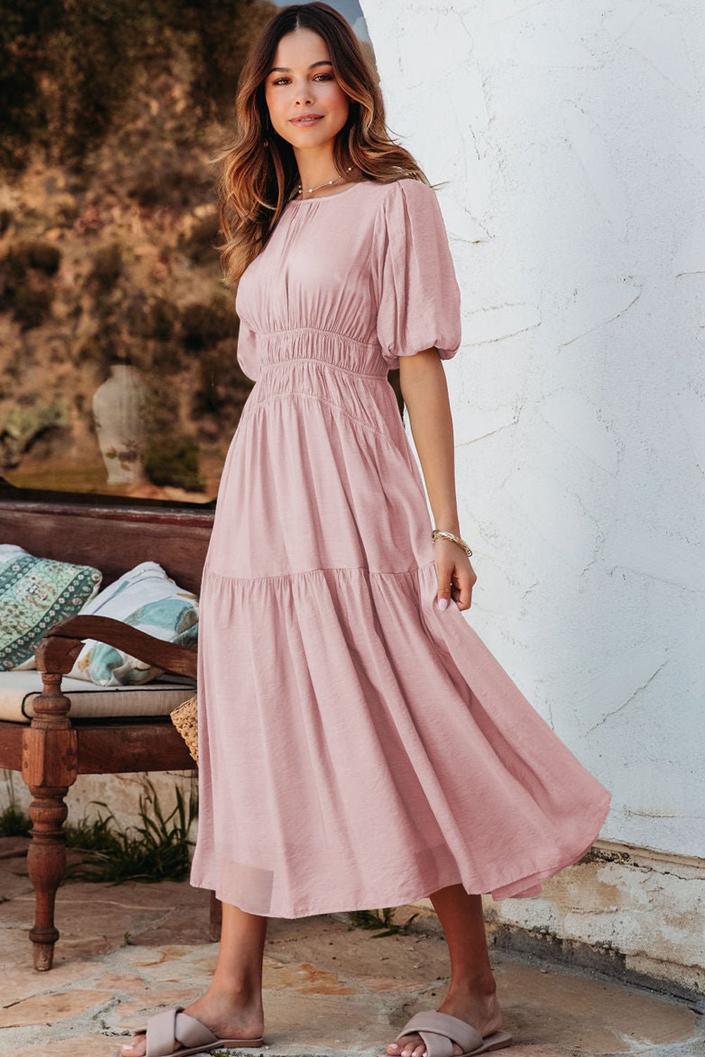 Pink Puff Sleeve Pleated High Waist Flowy Midi Dress - Goddess Vibes