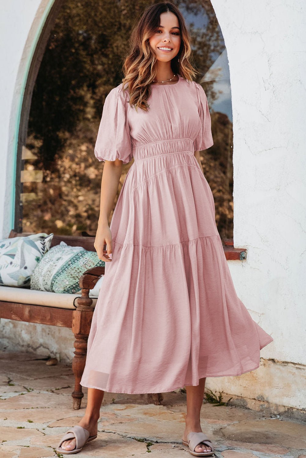 Pink Puff Sleeve Pleated High Waist Flowy Midi Dress - Goddess Vibes