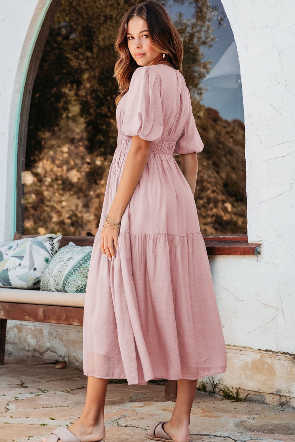 Pink Puff Sleeve Pleated High Waist Flowy Midi Dress - Goddess Vibes