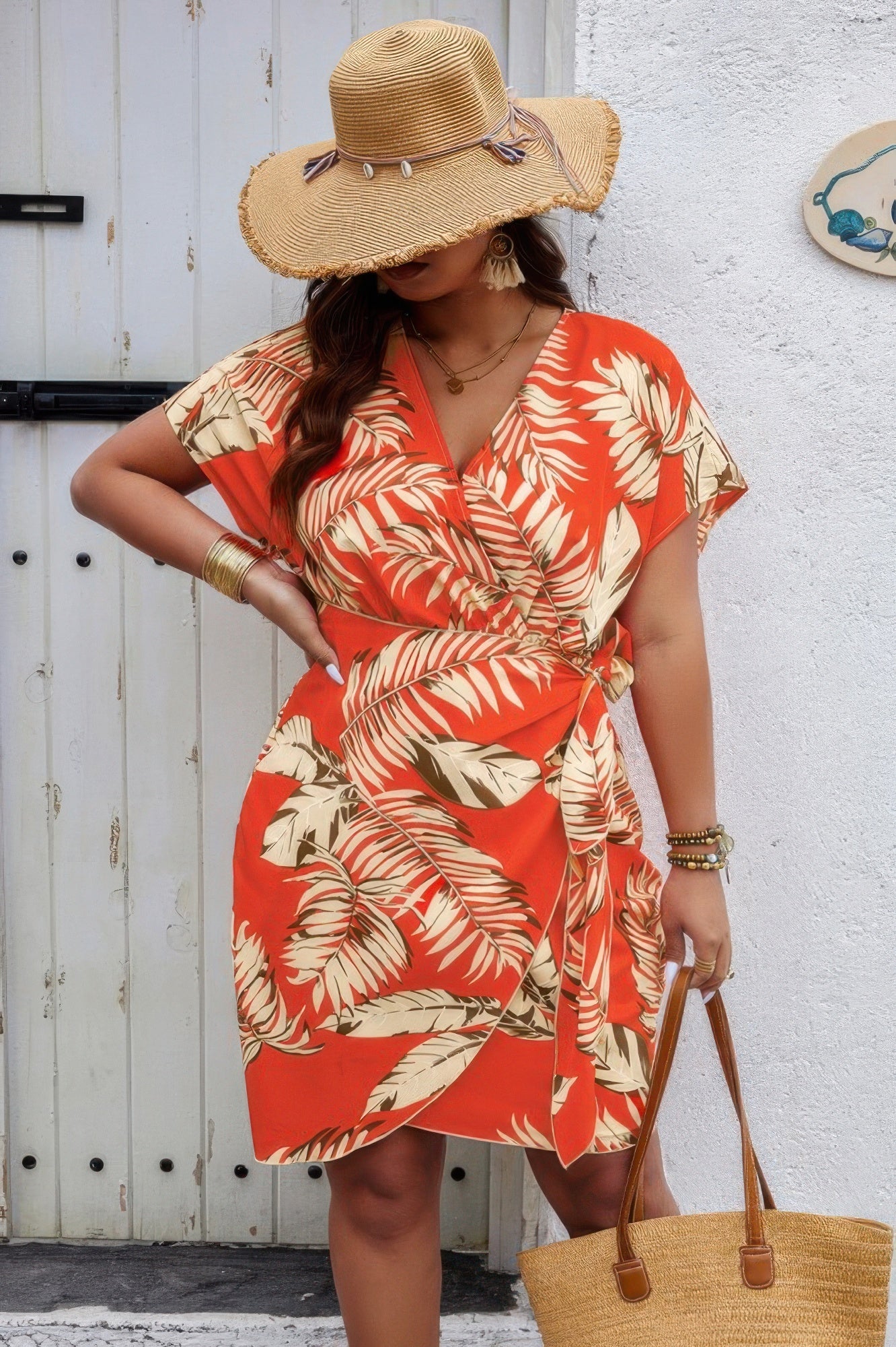 Plus Plant Print V Neck Wrap Tie Waist Dress - Goddess Vibes