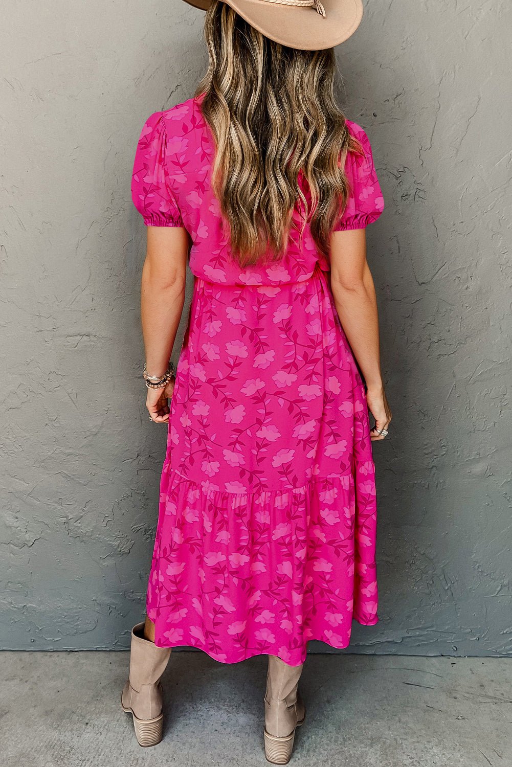 Rose Red Floral Print Pleated Drawstring Flowy Midi Dress - Goddess Vibes