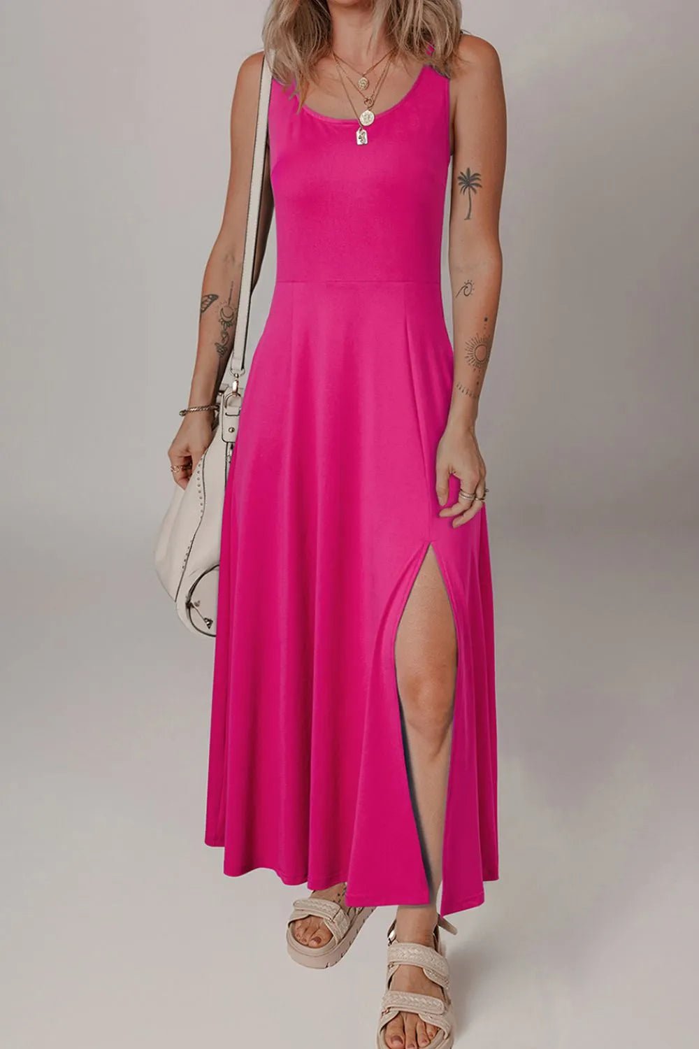 Side Slit Scoop Neck Wide Strap Dress - Goddess Vibes