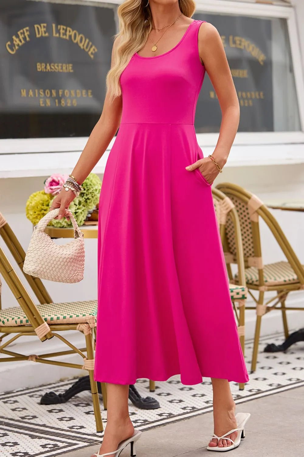Side Slit Scoop Neck Wide Strap Dress - Goddess Vibes