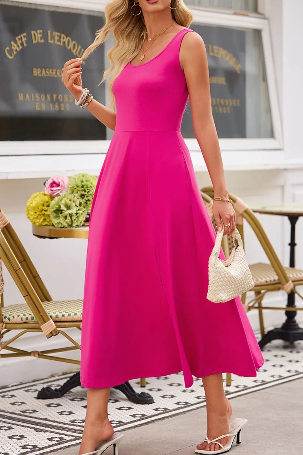 Side Slit Scoop Neck Wide Strap Dress - Goddess Vibes