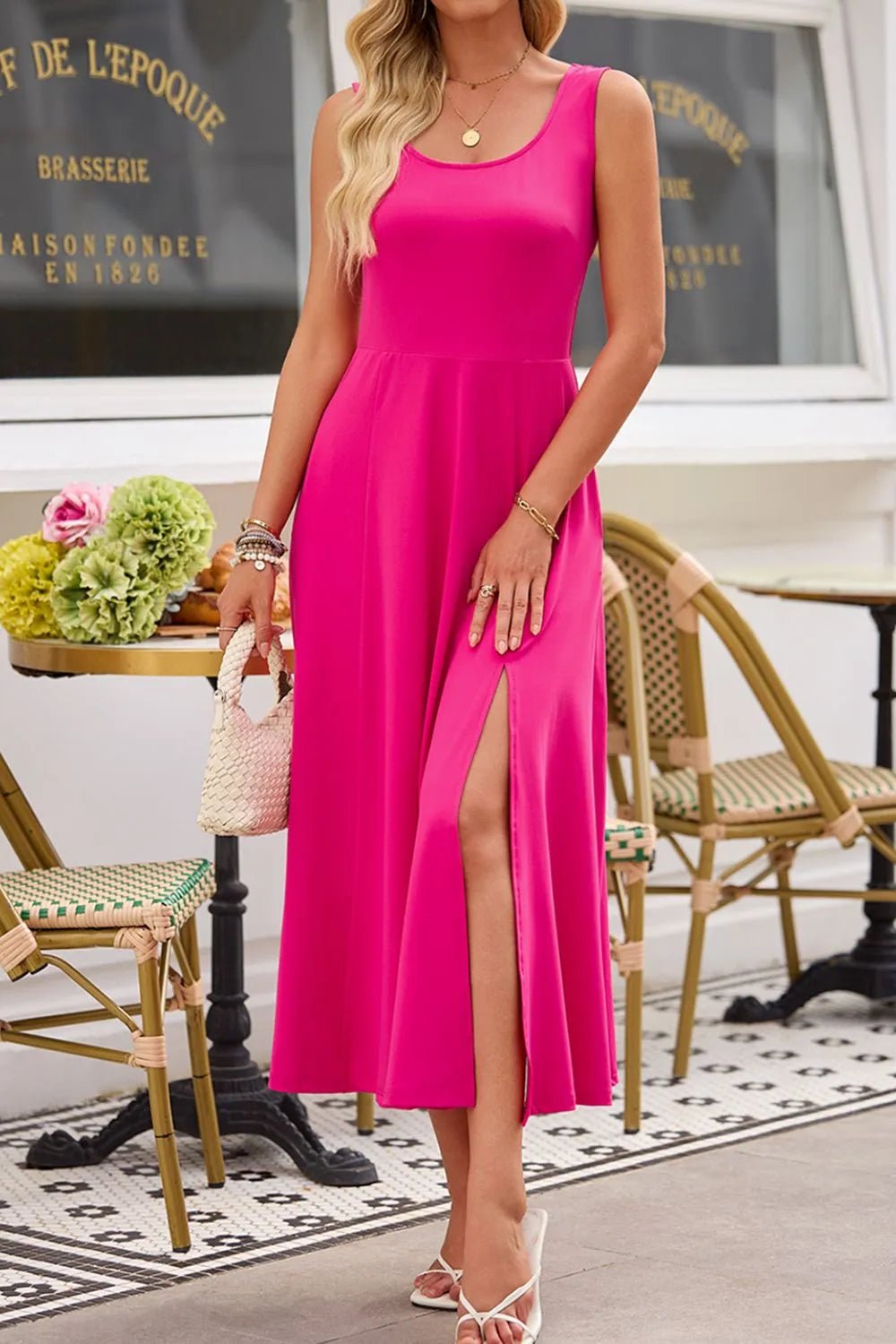 Side Slit Scoop Neck Wide Strap Dress - Goddess Vibes
