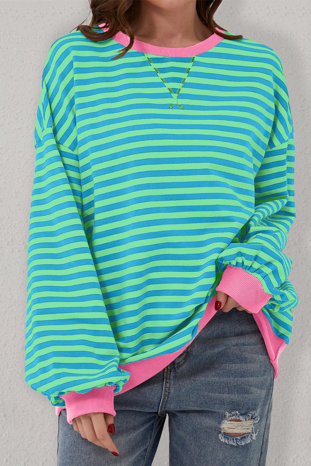 Sky Blue Stripe Oversized Contrast Trim Pullover Sweatshirt - Goddess Vibes