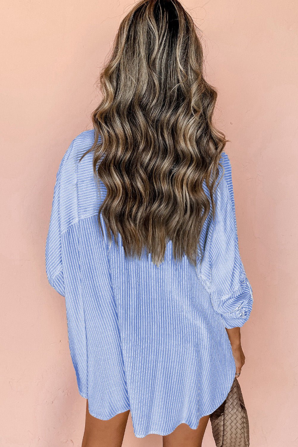 Sky Blue Stripe Roll - tab Sleeve Pocketed Long Shirt - Goddess Vibes