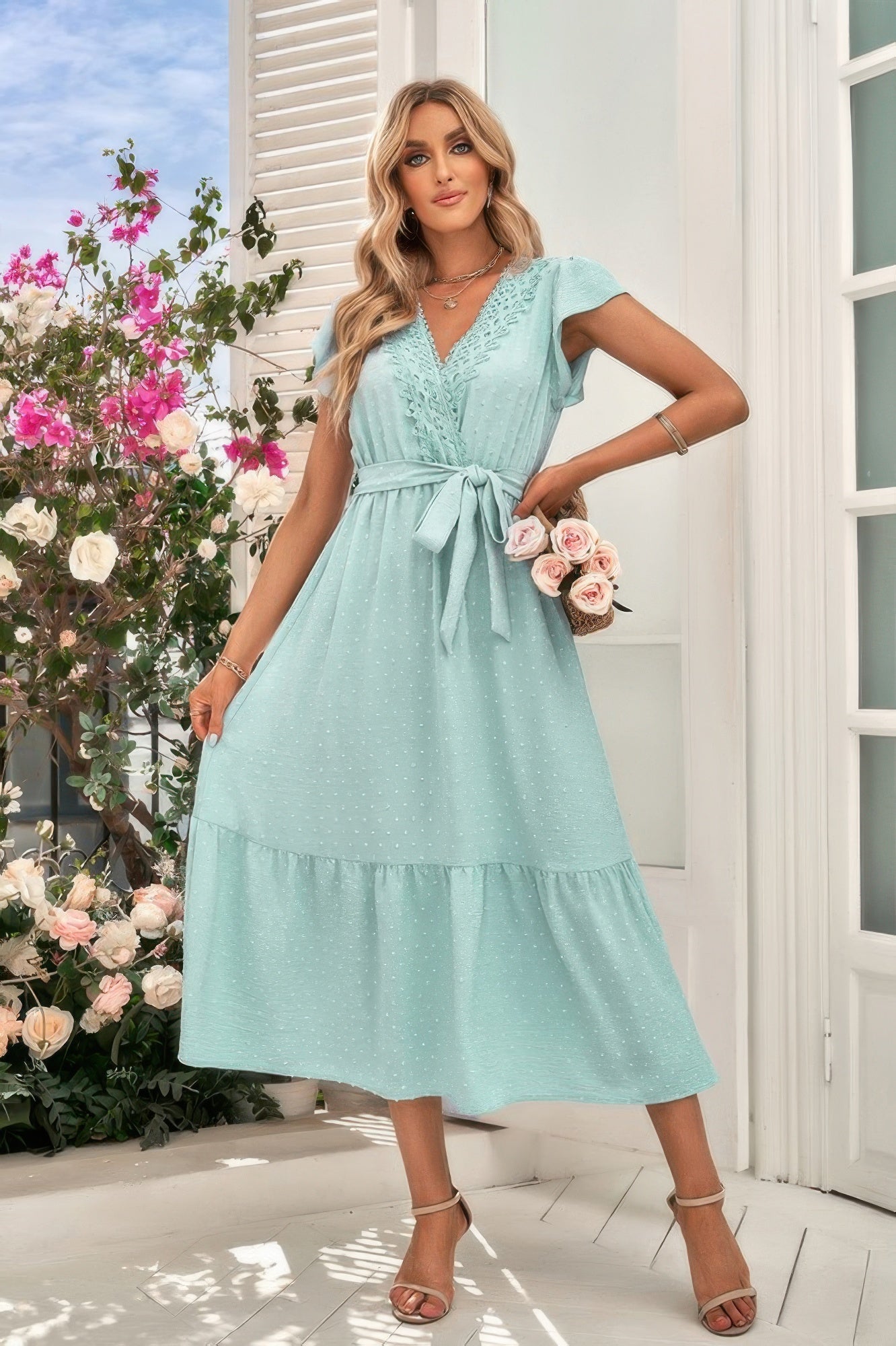 Solid Deep V Dot Lace Belt Long Dress - Goddess Vibes