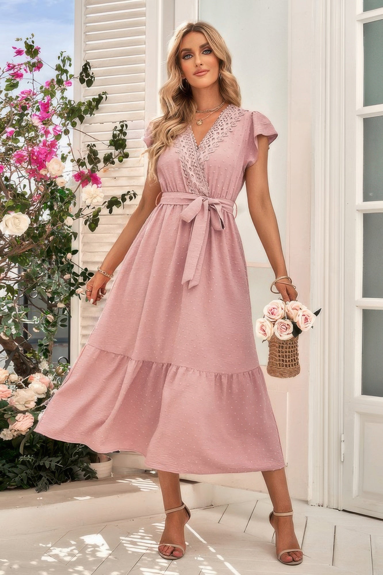 Solid Deep V Dot Lace Belt Long Dress - Goddess Vibes
