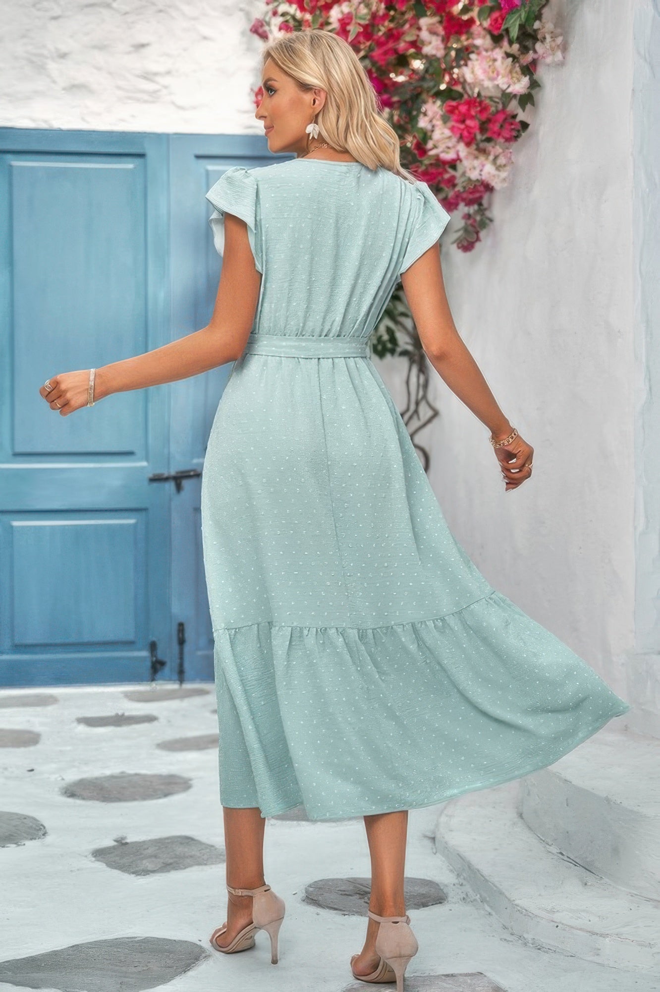 Solid Deep V Dot Lace Belt Long Dress - Goddess Vibes