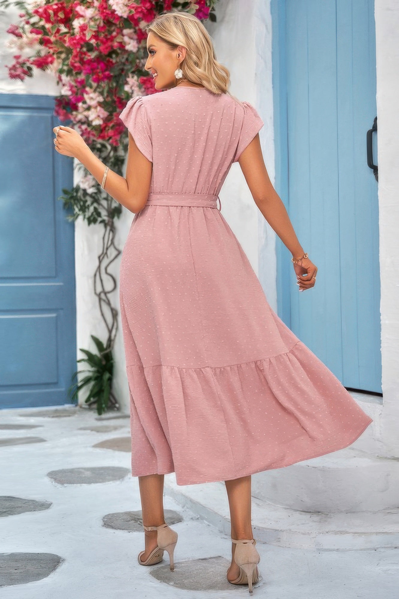 Solid Deep V Dot Lace Belt Long Dress - Goddess Vibes