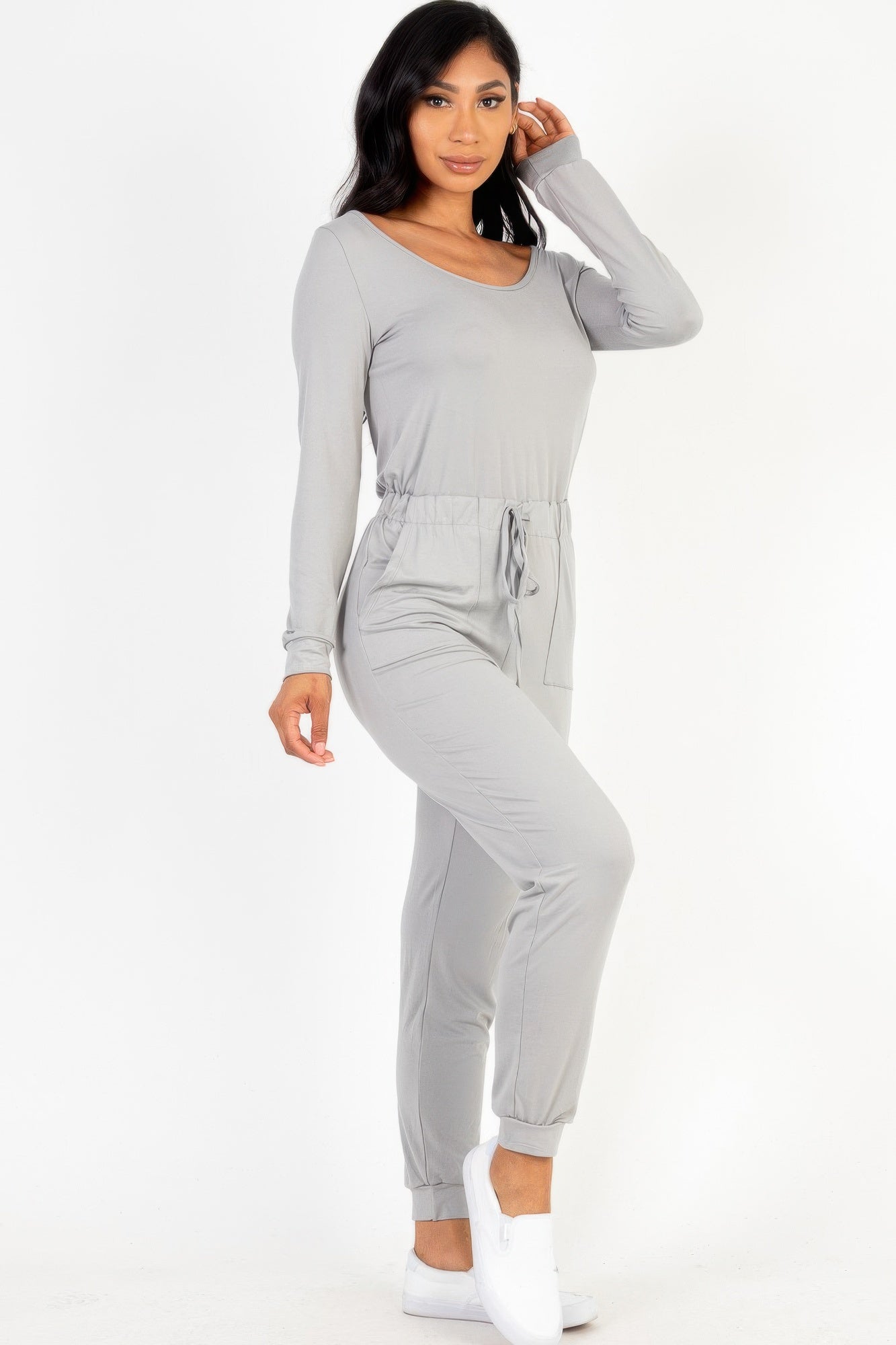 Tie Waist Long Sleeve Jumpsuit - Goddess Vibes
