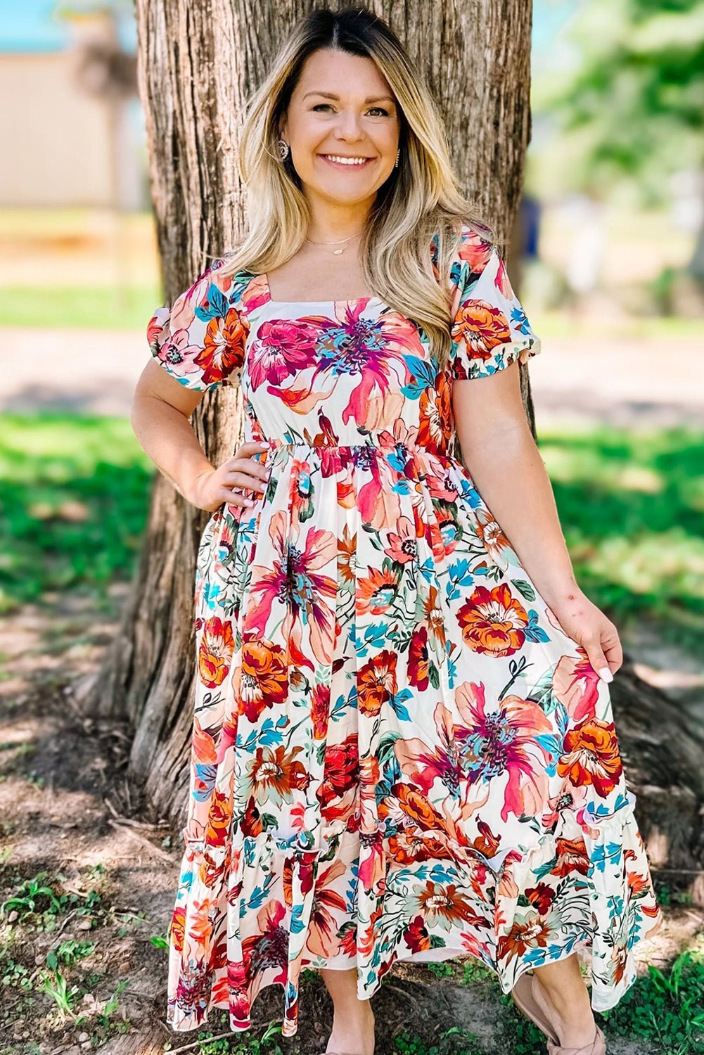 White Floral Square Neck Puff Sleeve Flowy Plus Size Midi Dress - Goddess Vibes