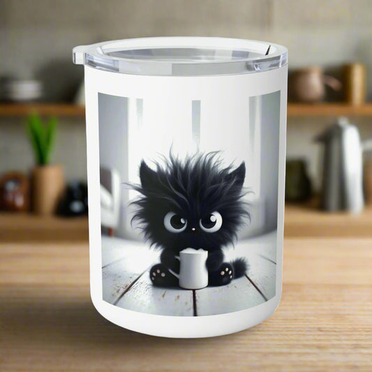Tumbler with a design of a black cat holding a cup on a white background