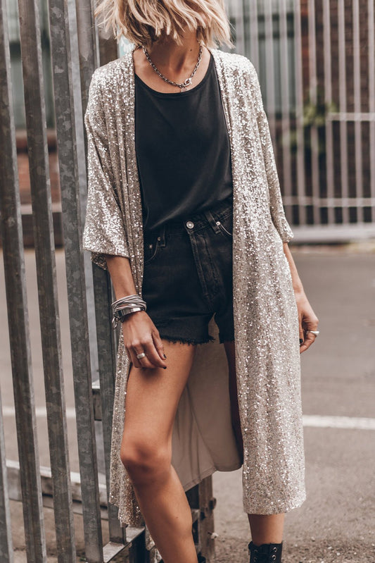 Apricot Sequin 3/4 Sleeve Open Front Duster Kimono - Goddess Vibes