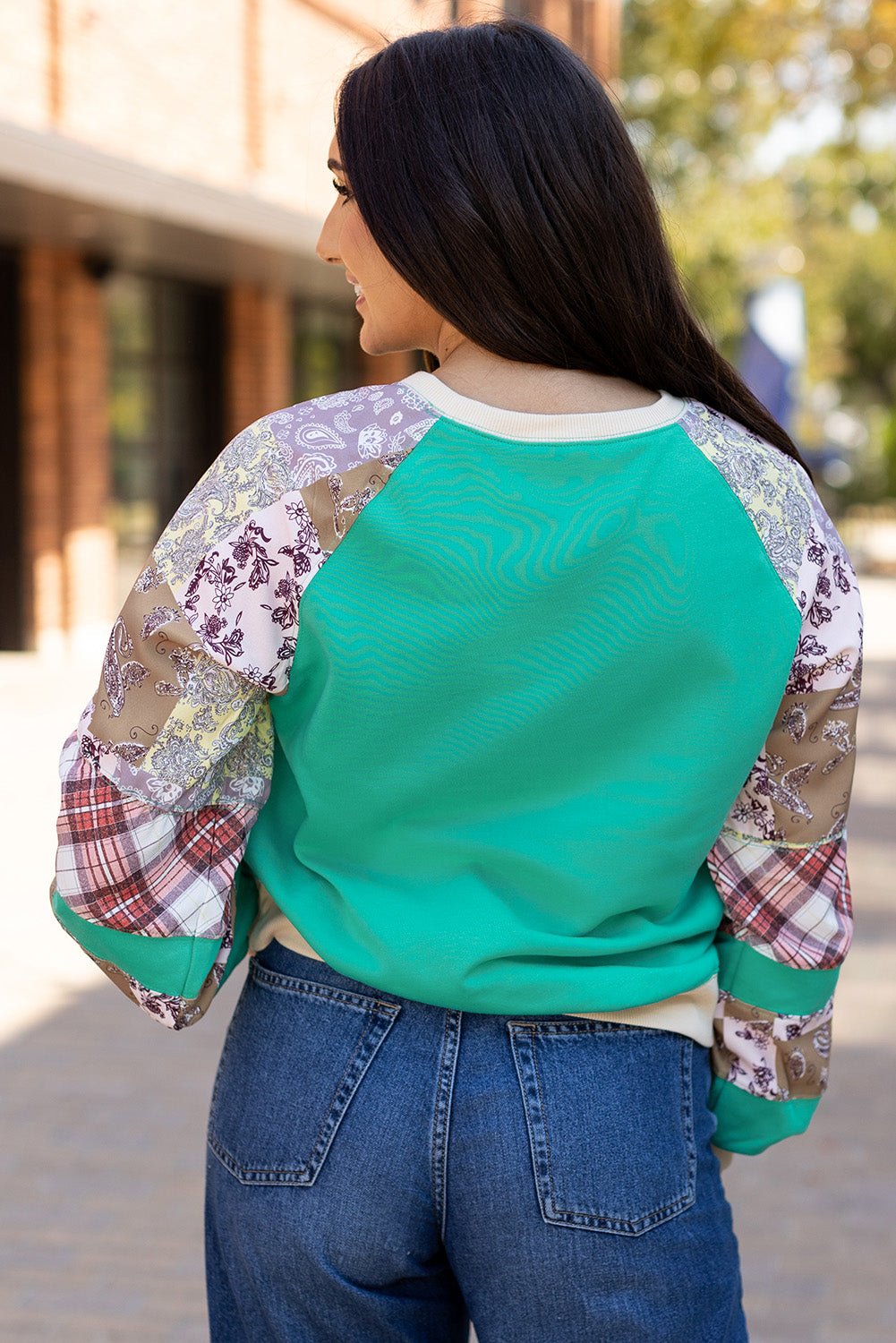 Aruba Blue Plaid Vintage Paisley Patchwork Long Sleeve Raglan Top - Goddess Vibes