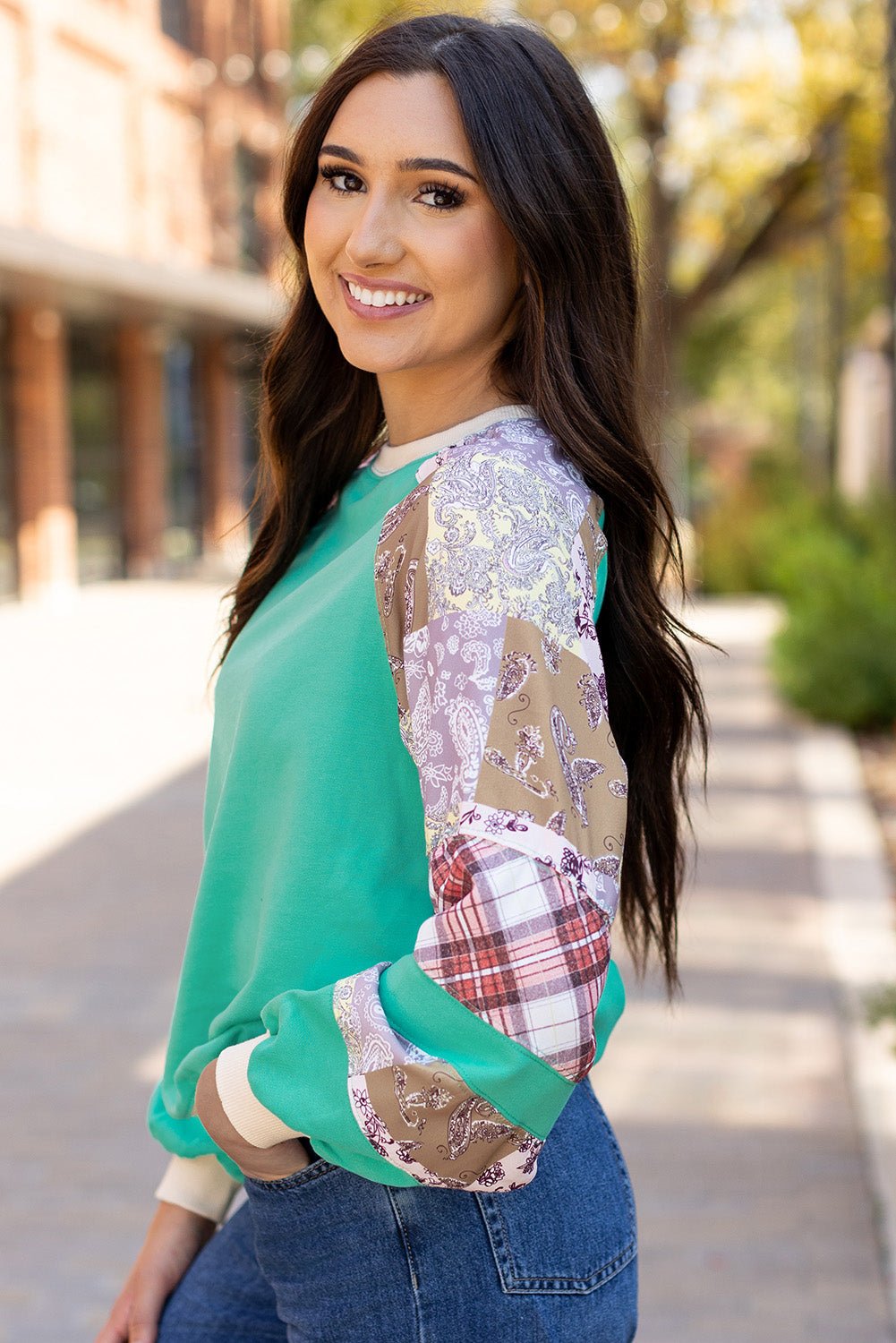 Aruba Blue Plaid Vintage Paisley Patchwork Long Sleeve Raglan Top - Goddess Vibes