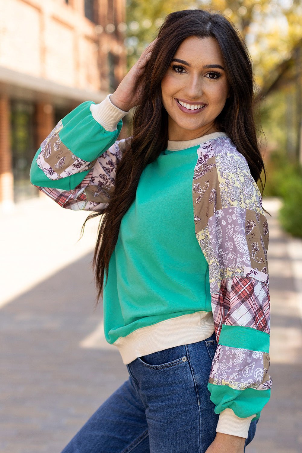 Aruba Blue Plaid Vintage Paisley Patchwork Long Sleeve Raglan Top - Goddess Vibes