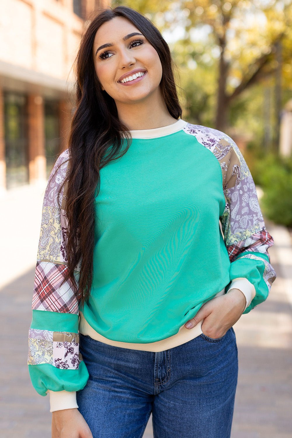 Aruba Blue Plaid Vintage Paisley Patchwork Long Sleeve Raglan Top - Goddess Vibes