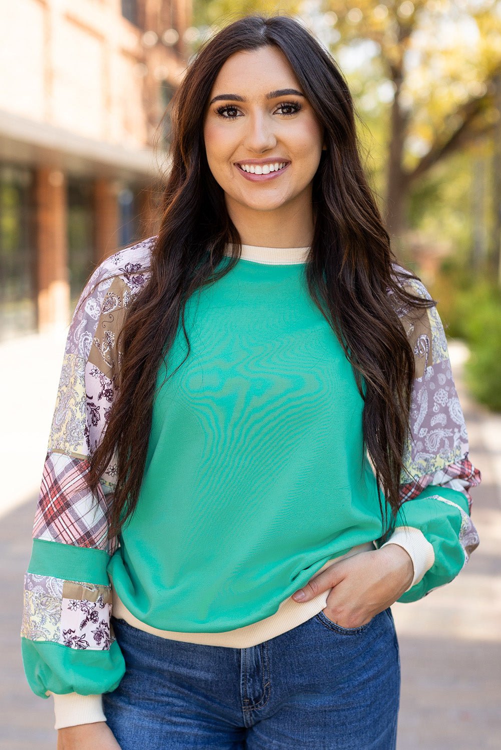 Aruba Blue Plaid Vintage Paisley Patchwork Long Sleeve Raglan Top - Goddess Vibes