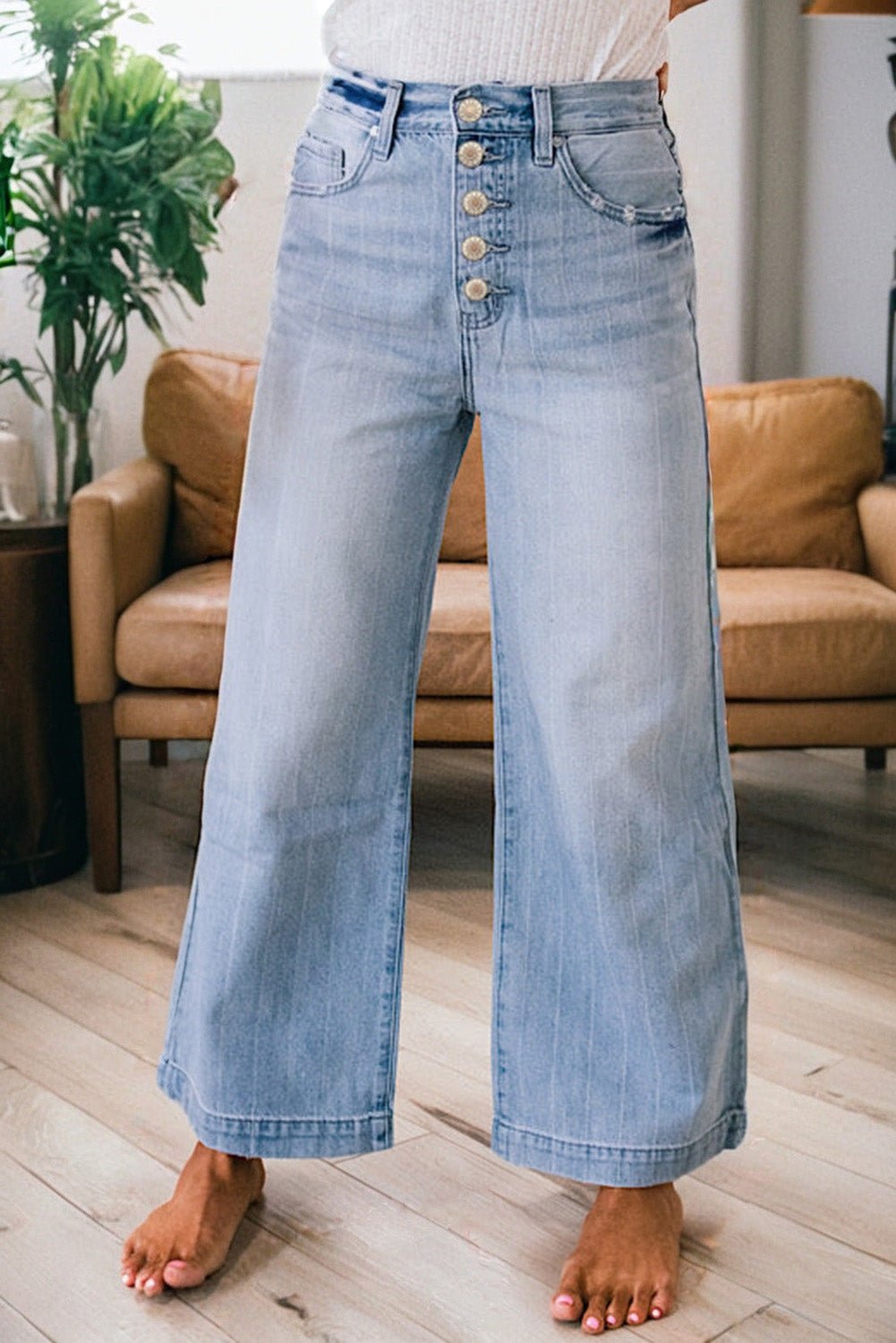 Beau Blue Multi Buttons Pinstripe Wide Leg Jeans - Goddess Vibes