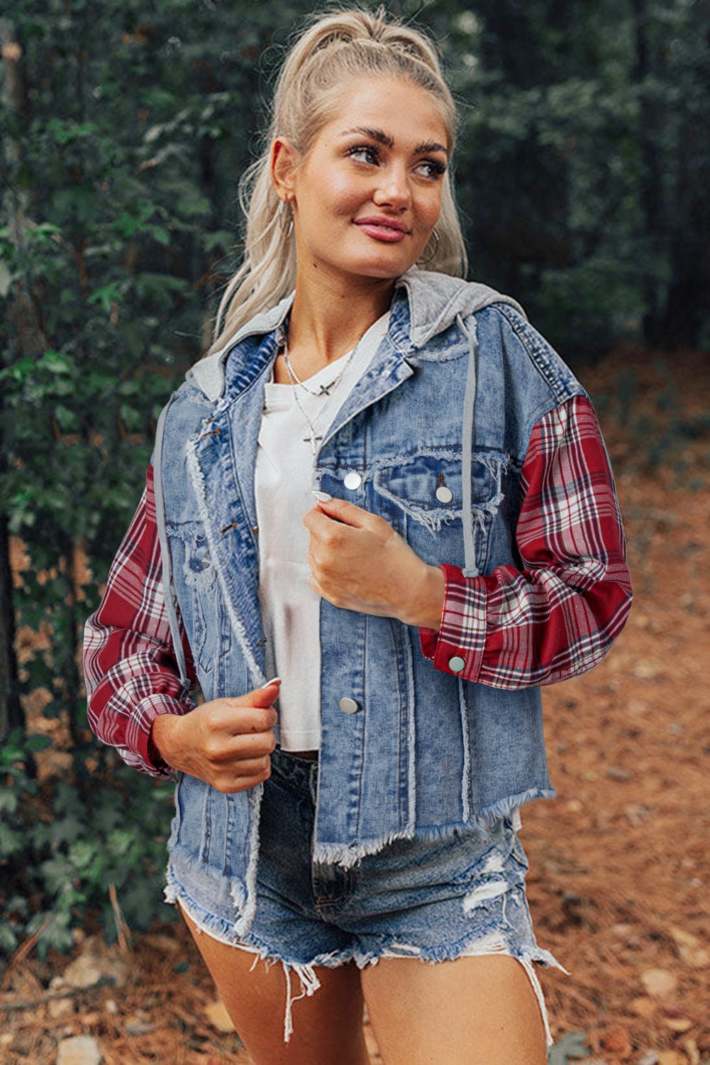 Beau Blue Plaid Print Patchwork Hooded Raw Hem Denim Jacket - Goddess Vibes
